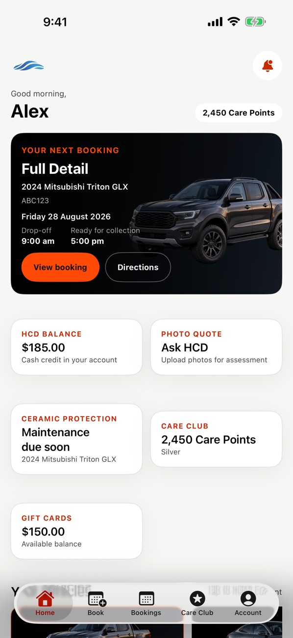 Actual HCD Garage app showing a sample booking, vehicle details and Care Club points